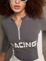 Women Grey & White RACING High Neck Fitted T-Shirt-SFTOPS42369