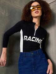 Women Black & White RACING High Neck Fitted T-Shirt-SFTOPS42370