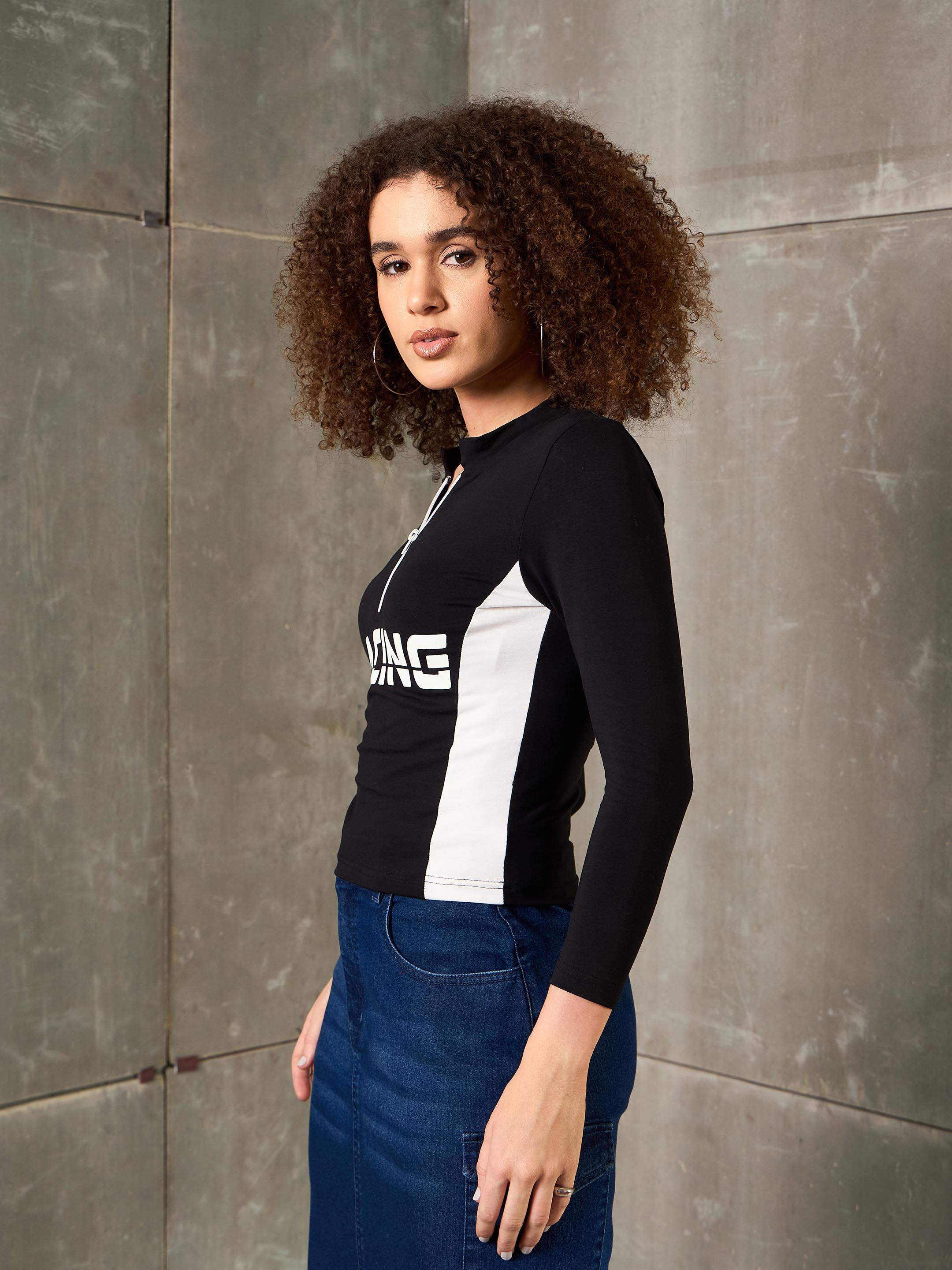 Women Black & White RACING High Neck Fitted T-Shirt-SFTOPS42370