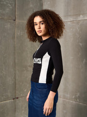 Women Black & White RACING High Neck Fitted T-Shirt-SFTOPS42370