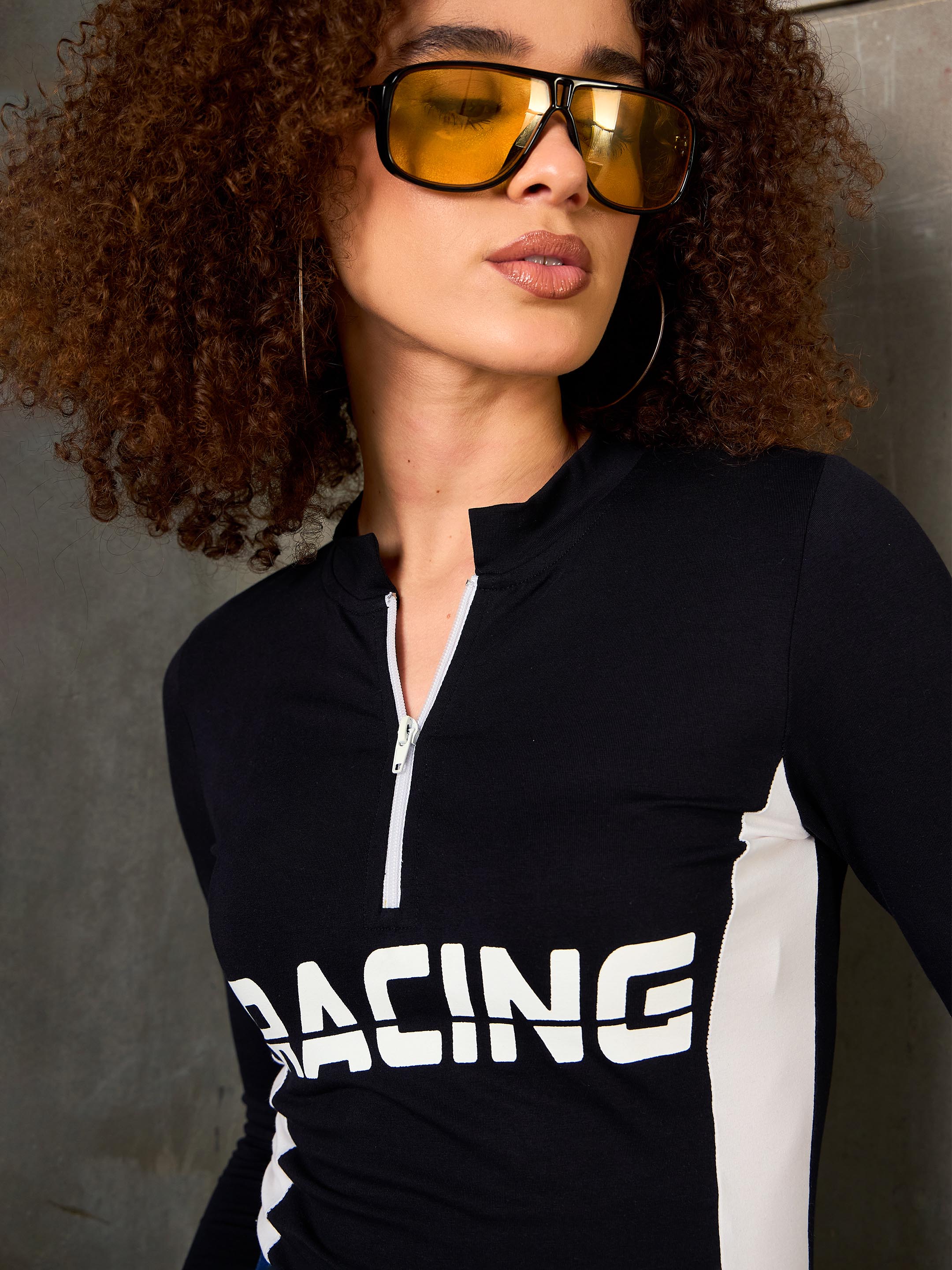 Women Black & White RACING High Neck Fitted T-Shirt-SFTOPS42370