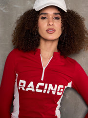 Women Red & White RACING High Neck Fitted T-Shirt-SFTOPS42371