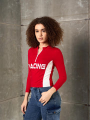 Women Red & White RACING High Neck Fitted T-Shirt-SFTOPS42371
