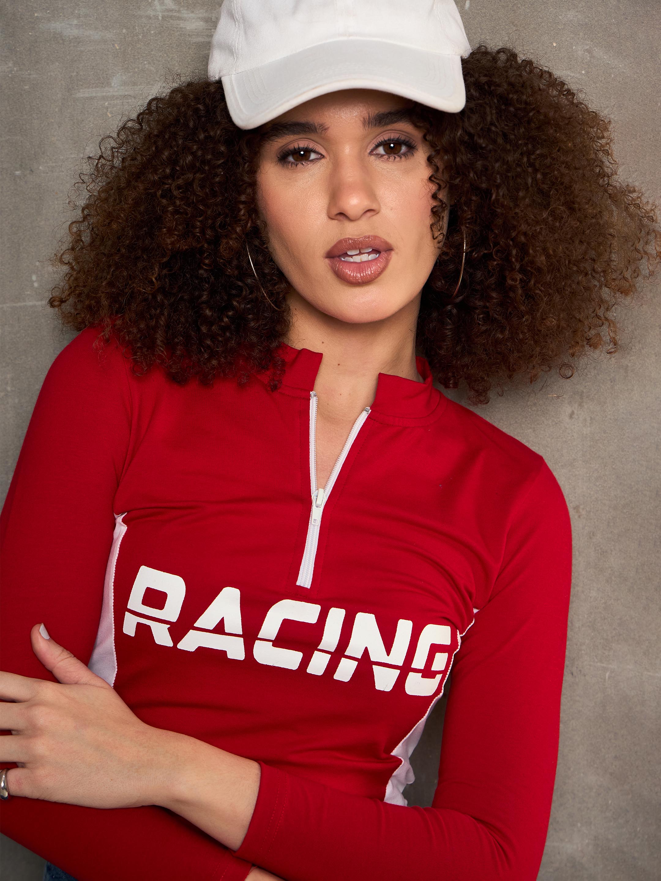 Women Red & White RACING High Neck Fitted T-Shirt-SFTOPS42371