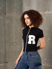 Women Black Front Zipper R-Print Fitted T-Shirt-SFTOPS42372
