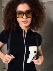 Women Black Front Zipper R-Print Fitted T-Shirt-SFTOPS42372