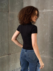 Women Black Front Zipper R-Print Fitted T-Shirt-SFTOPS42372