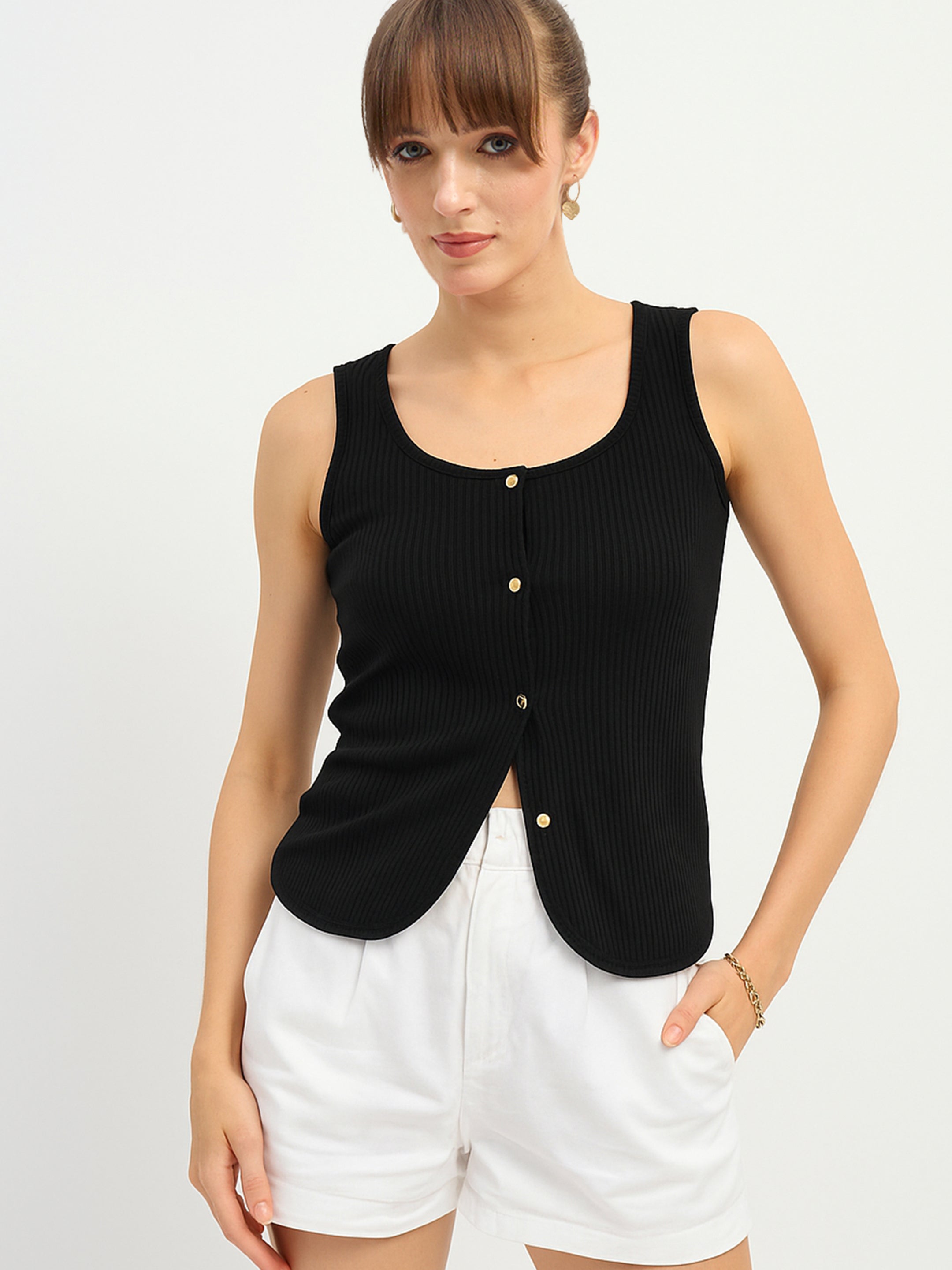 Women Black Square-Neck Button Down Top-SFTOPS42393
