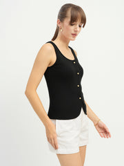 Women Black Square-Neck Button Down Top-SFTOPS42393