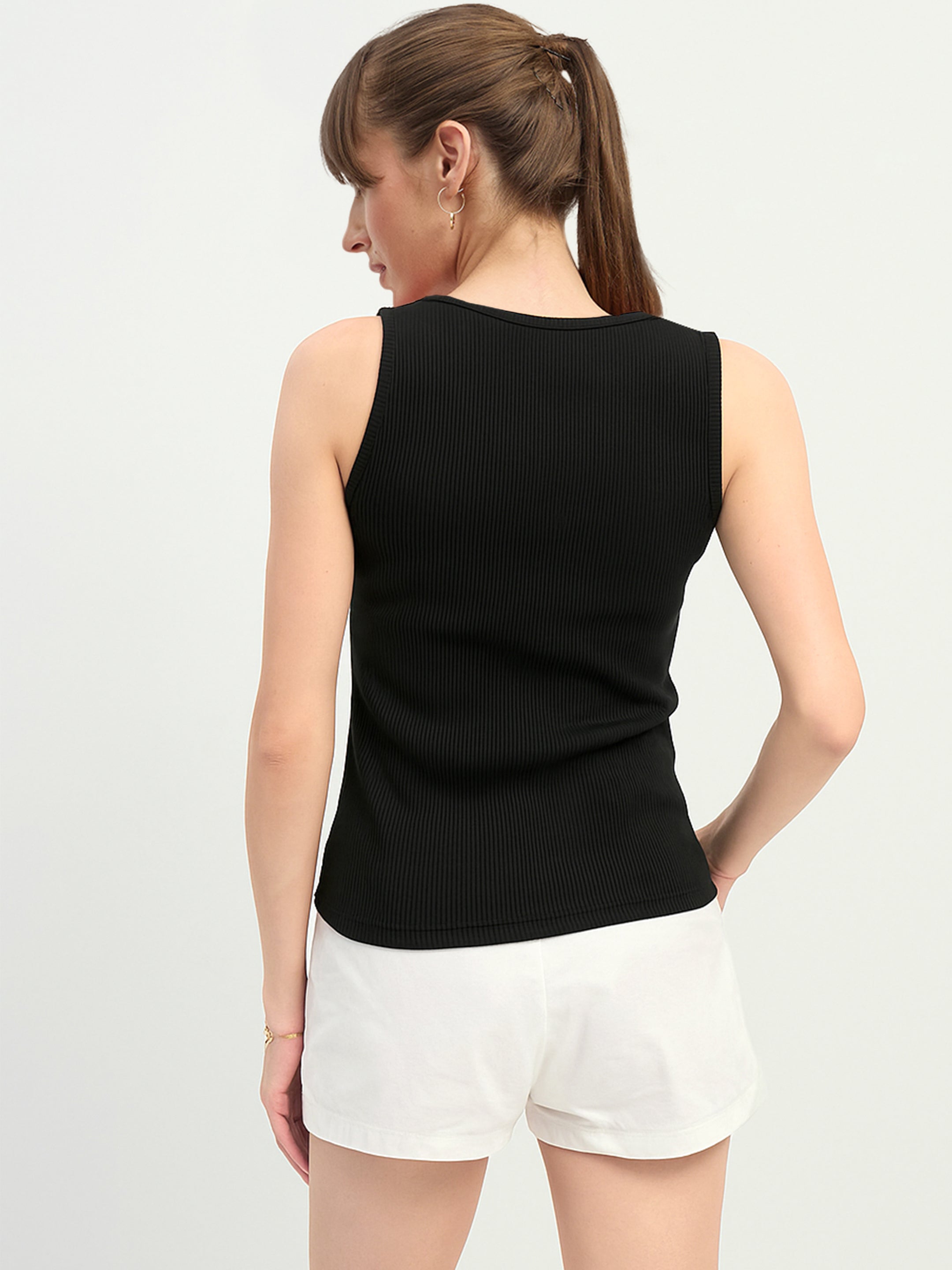 Women Black Square-Neck Button Down Top-SFTOPS42393