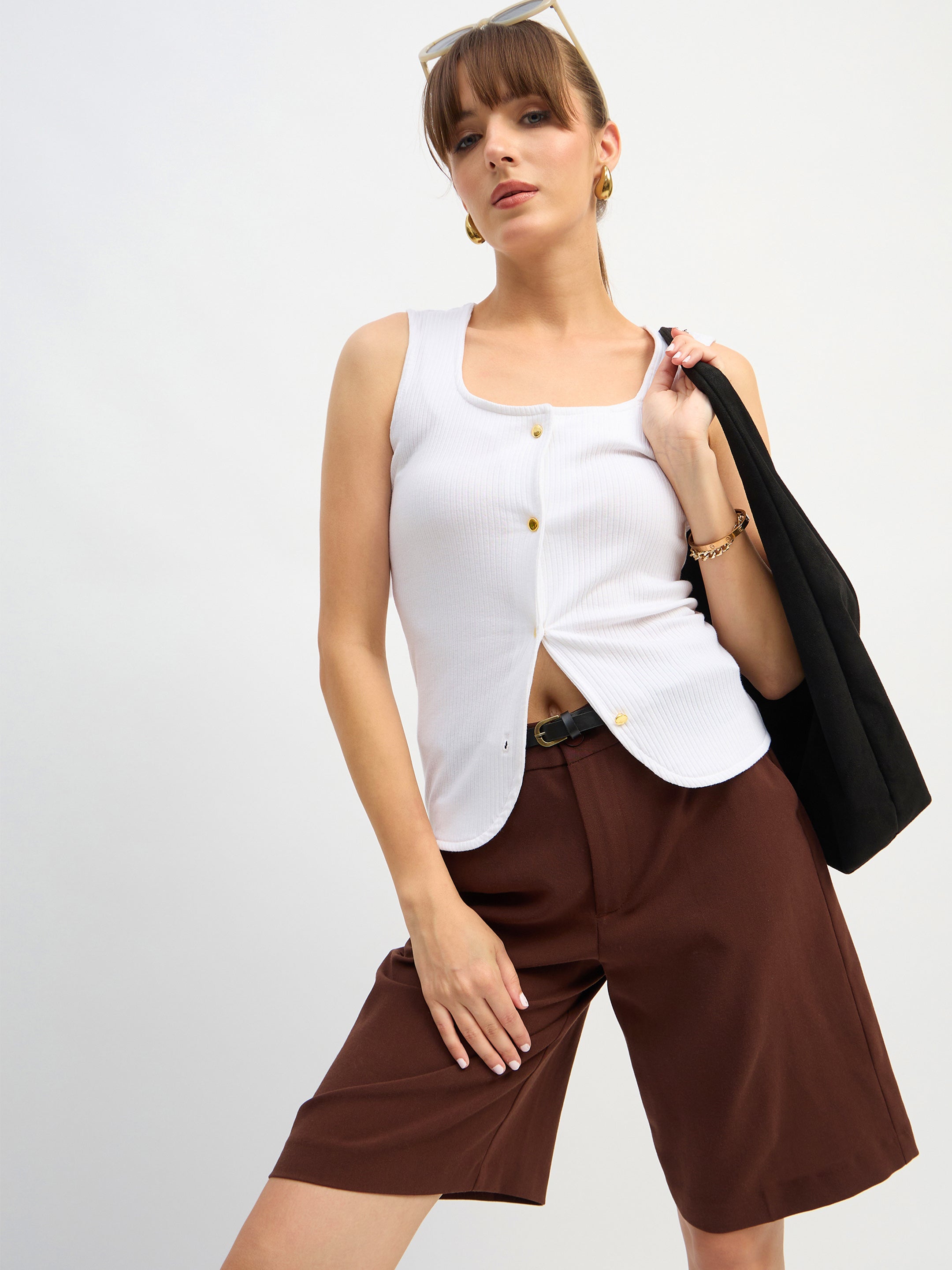 Women White Square-Neck Button Down Top-SFTOPS42395