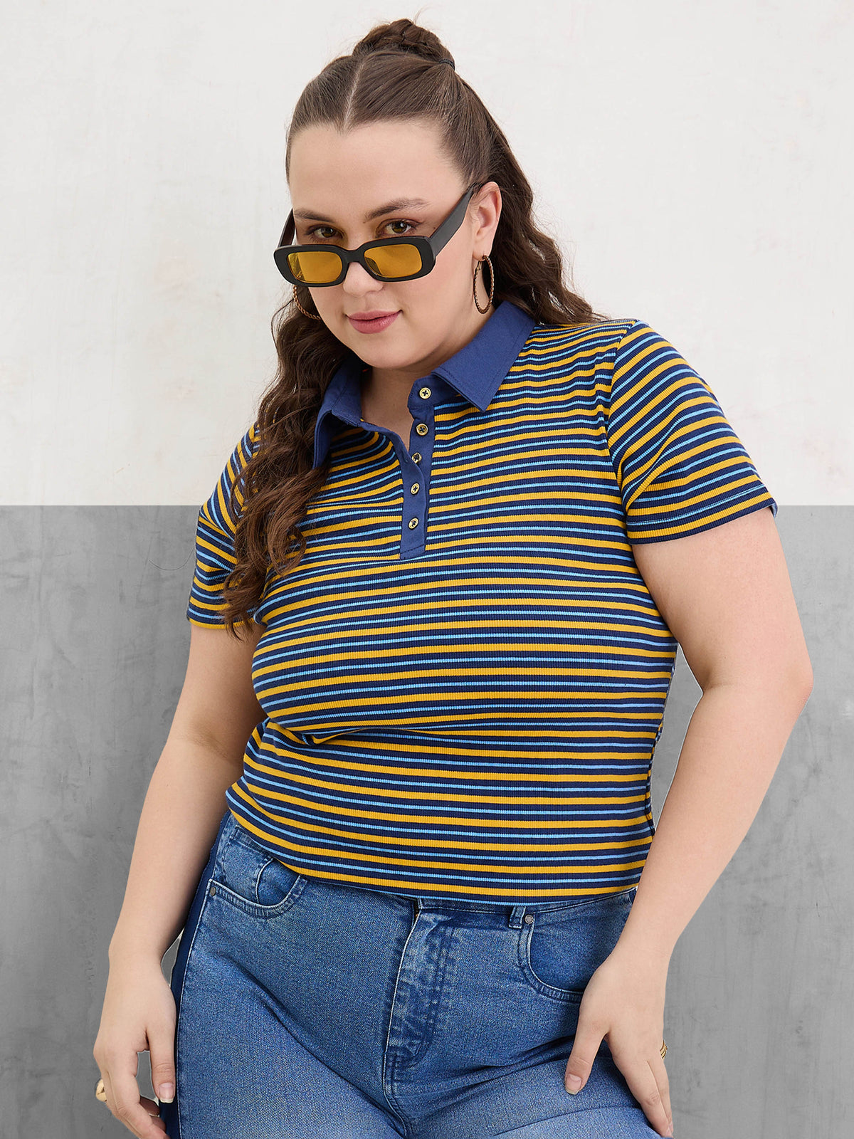 Women Yellow & Navy Rib Stripe Polo Neck Top-SFTOPS42396