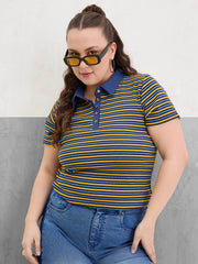 Women Yellow & Navy Rib Stripe Polo Neck Top-SFTOPS42396