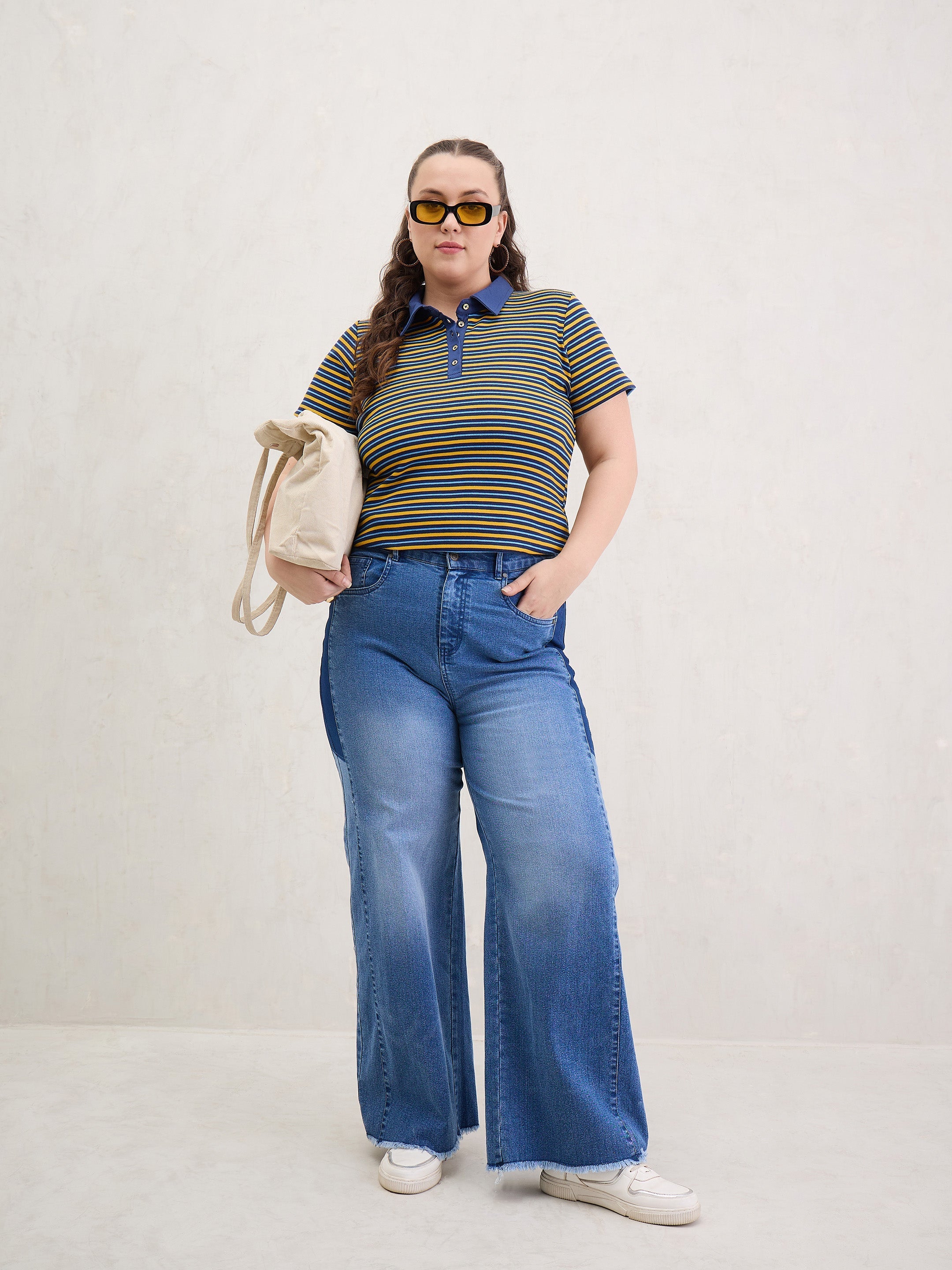 Women Yellow & Navy Rib Stripe Polo Neck Top-SFTOPS42396