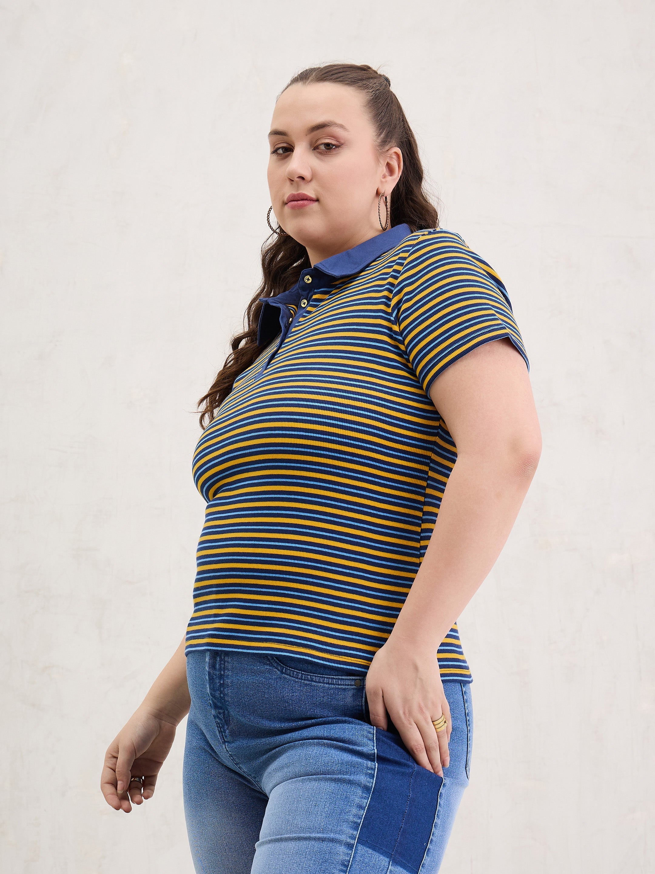 Women Yellow & Navy Rib Stripe Polo Neck Top-SFTOPS42396