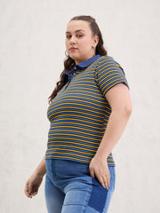 Women Yellow & Navy Rib Stripe Polo Neck Top-SFTOPS42396