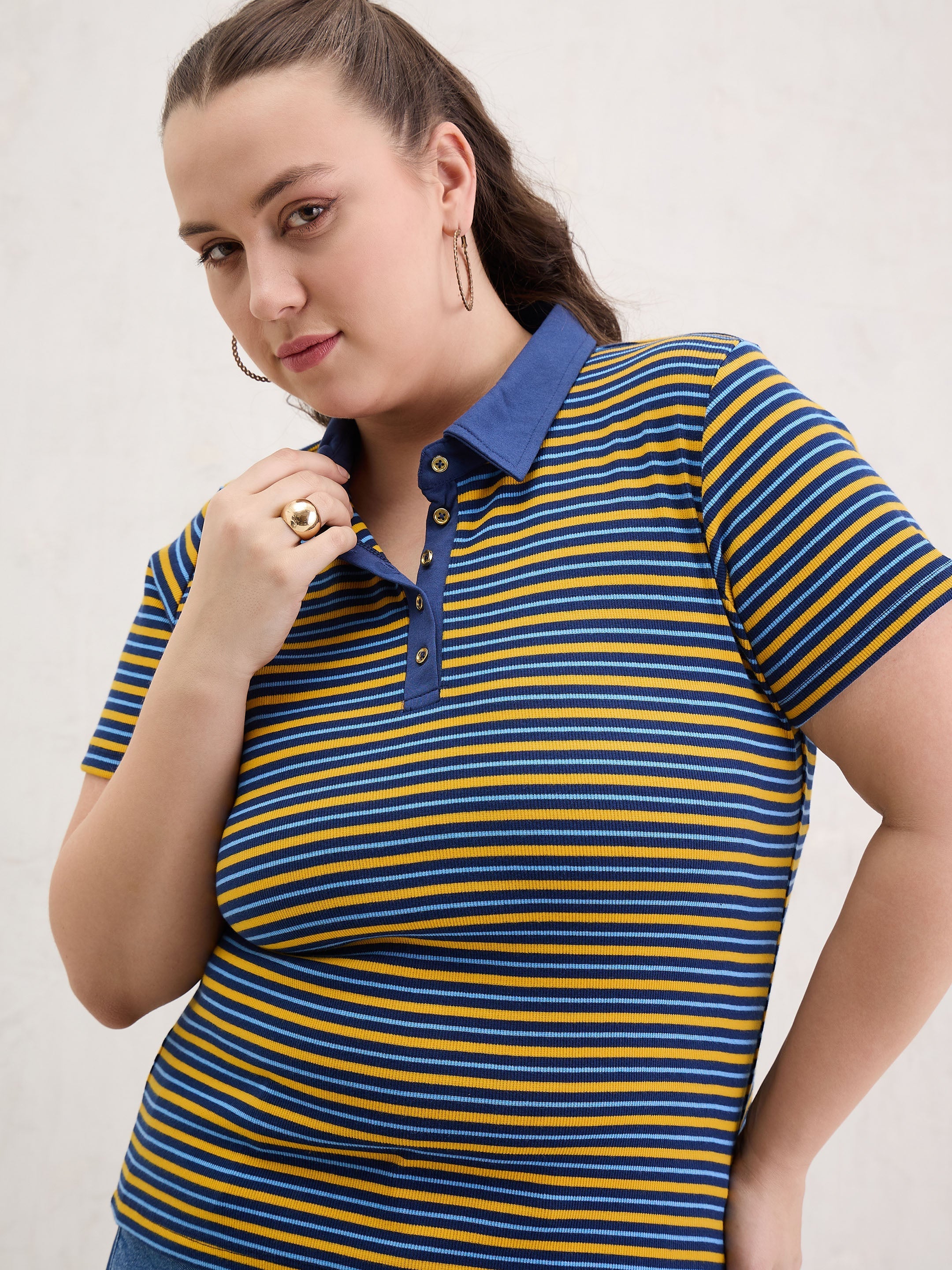 Women Yellow & Navy Rib Stripe Polo Neck Top-SFTOPS42396