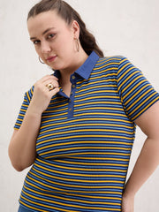 Women Yellow & Navy Rib Stripe Polo Neck Top-SFTOPS42396