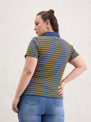 Women Yellow & Navy Rib Stripe Polo Neck Top-SFTOPS42396