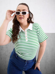Women Green & White Rib Stripe Polo Neck Top-SFTOPS42397