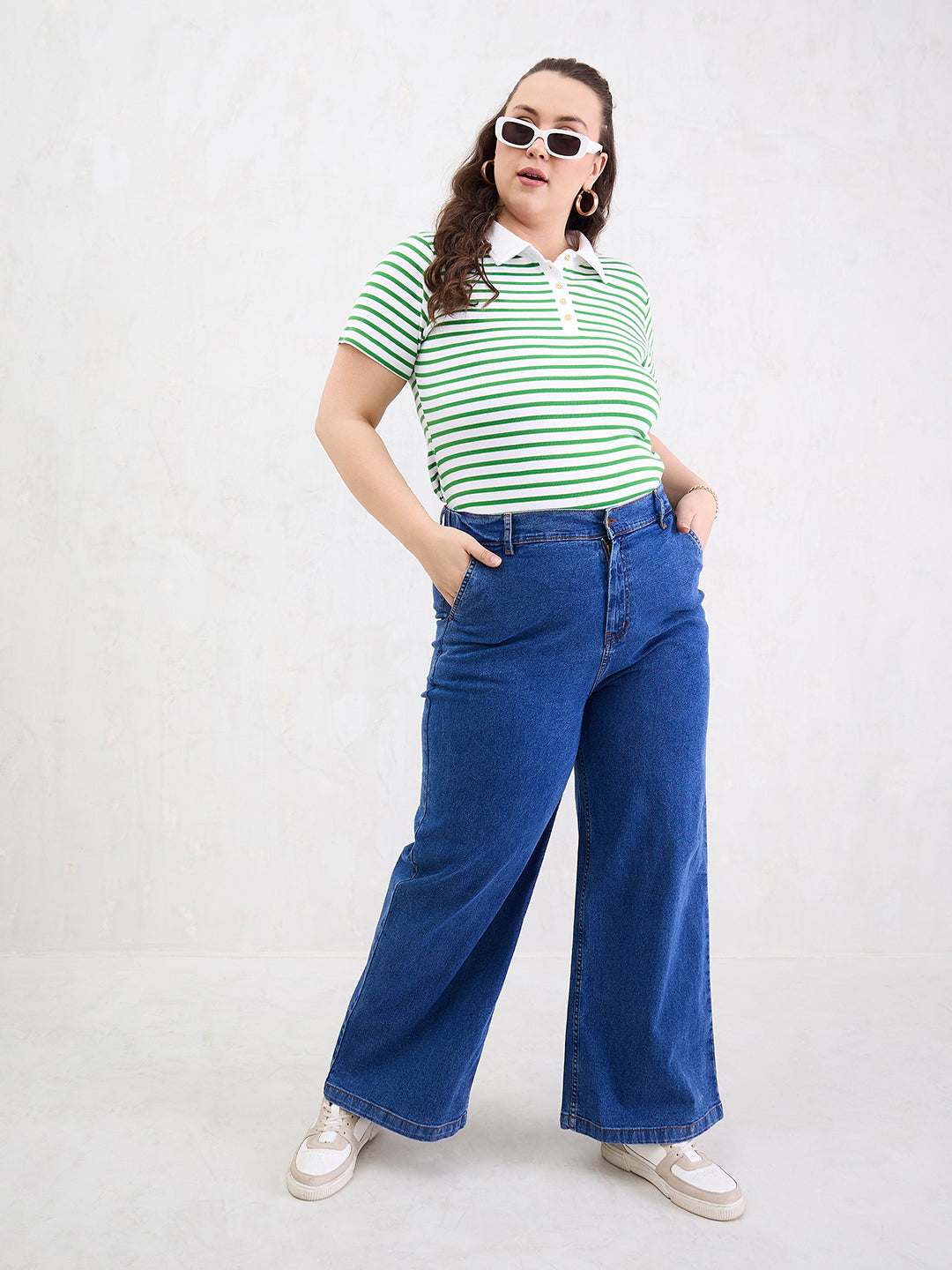 Women Green & White Rib Stripe Polo Neck Top-SFTOPS42397