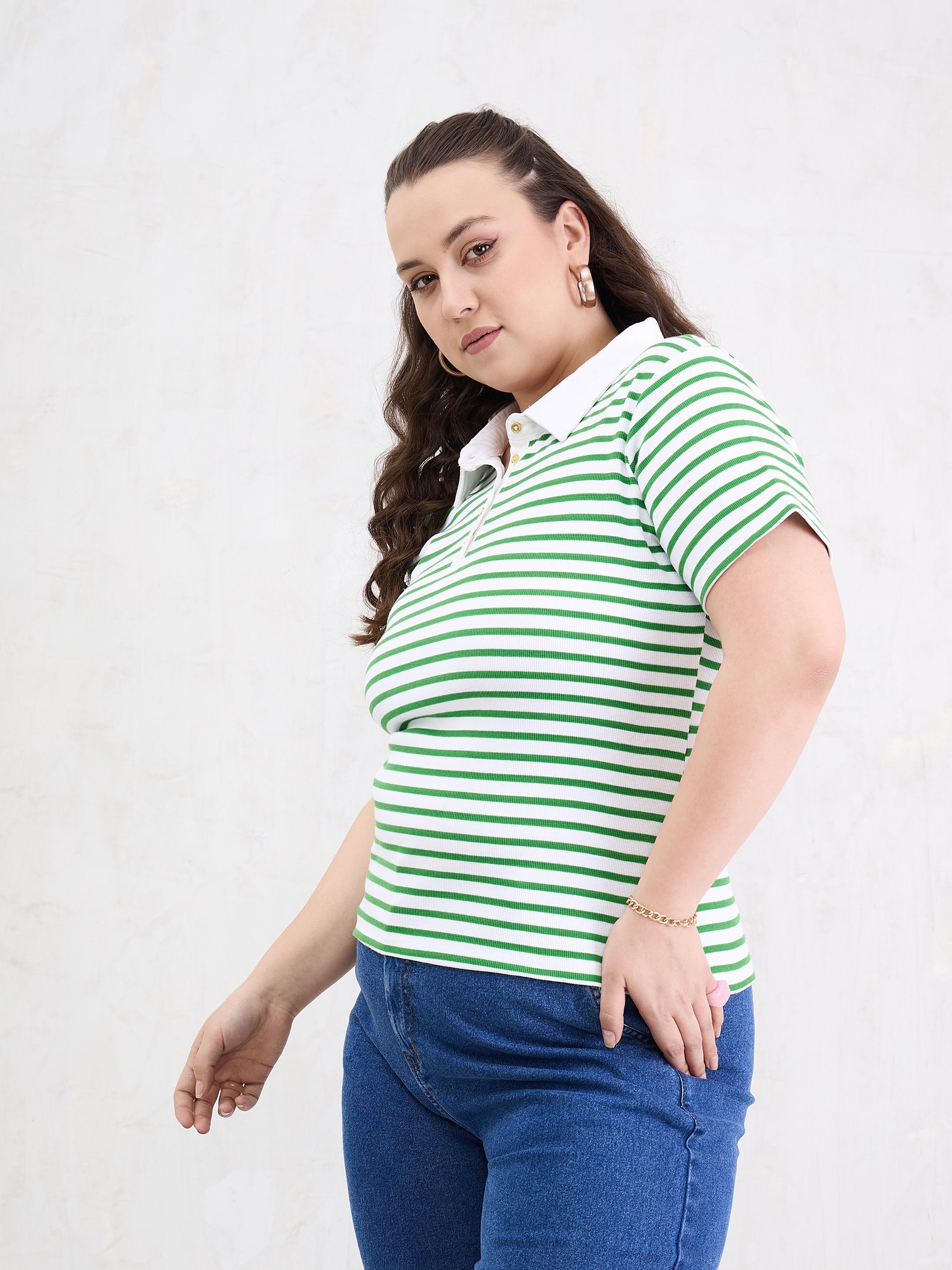 Women Green & White Rib Stripe Polo Neck Top-SFTOPS42397
