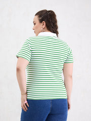 Women Green & White Rib Stripe Polo Neck Top-SFTOPS42397