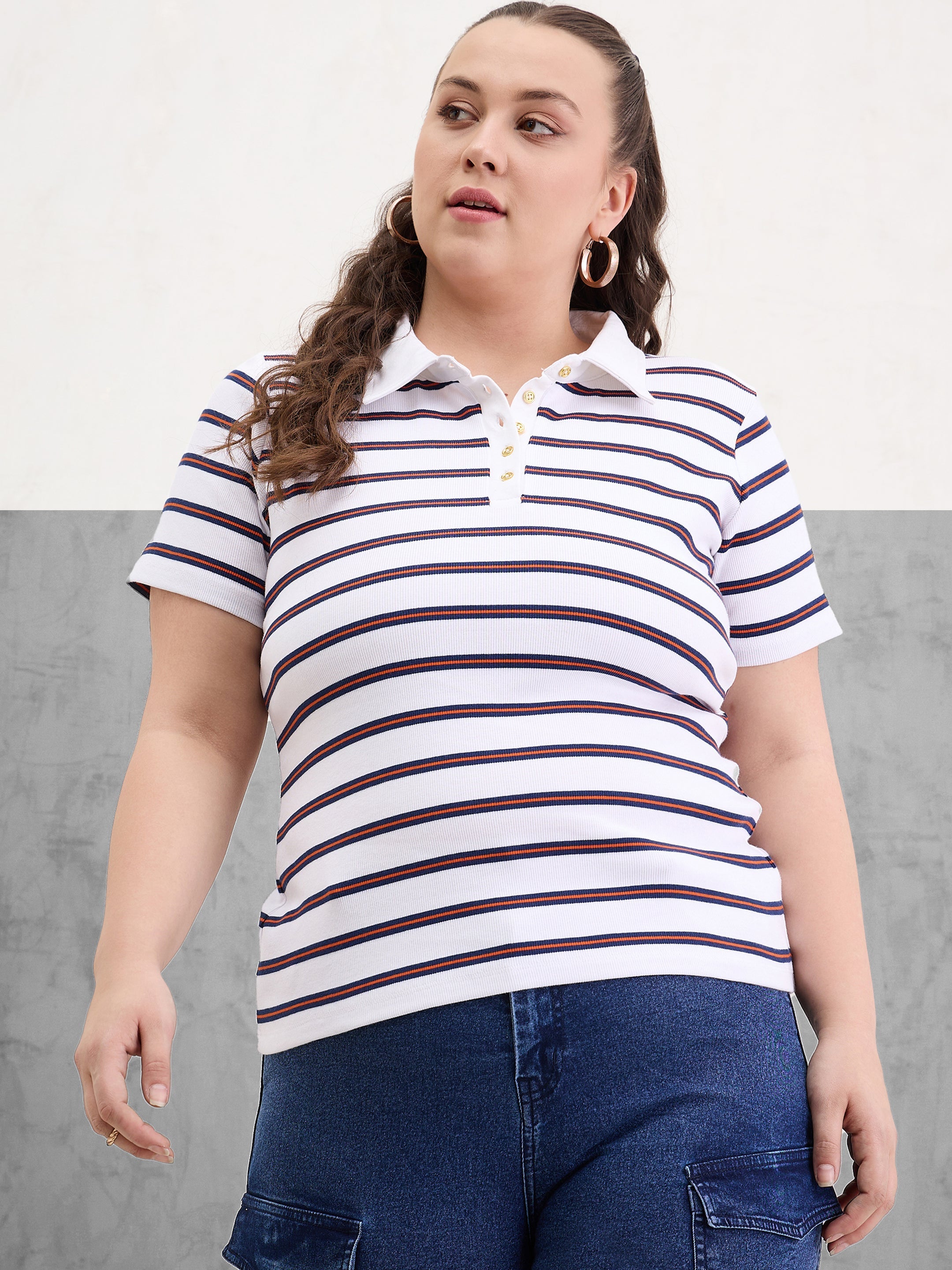 Women White & Navy Rib Stripe Polo Neck Top-SFTOPS42398