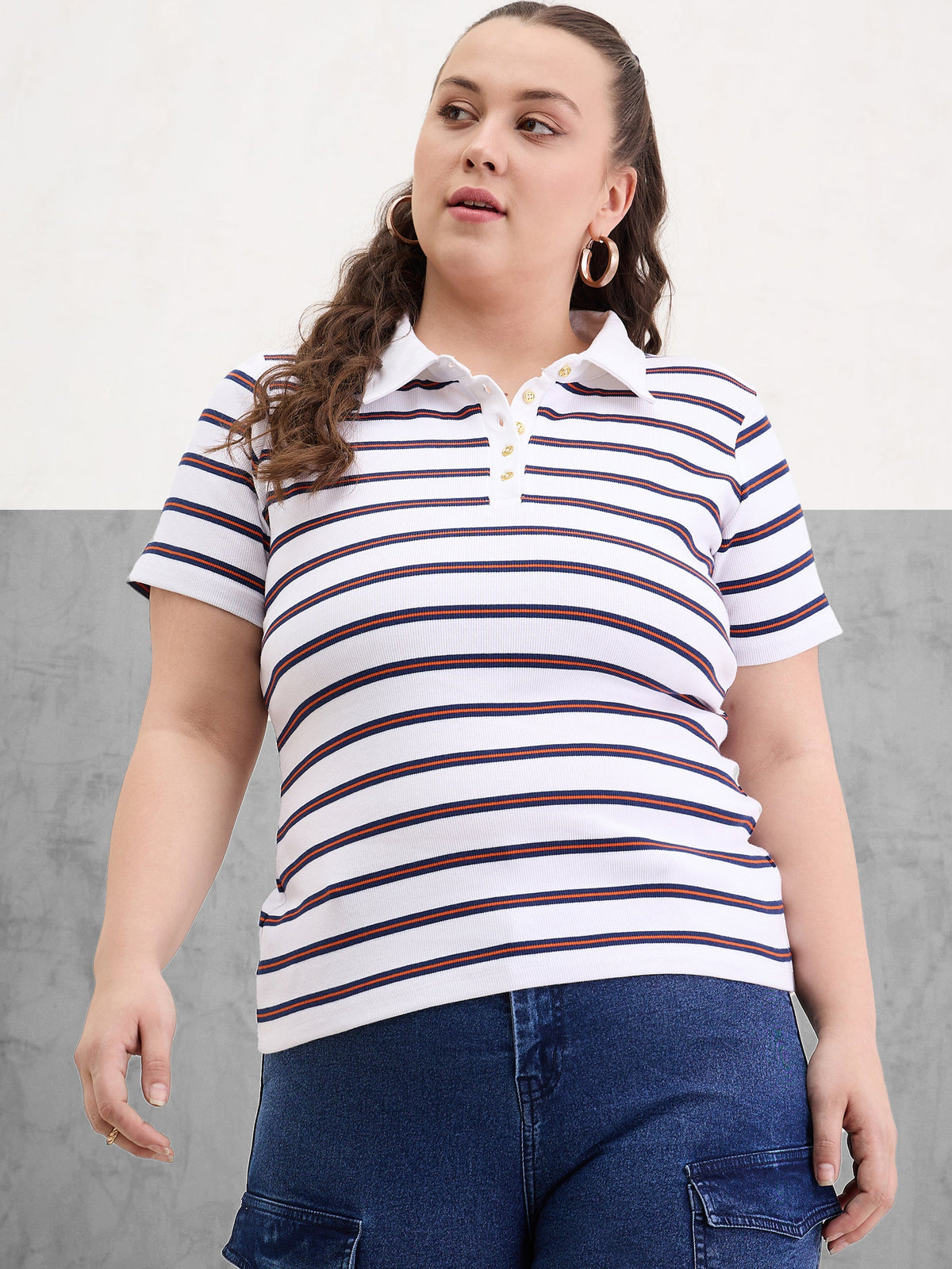 Women White & Navy Rib Stripe Polo Neck Top-SFTOPS42398