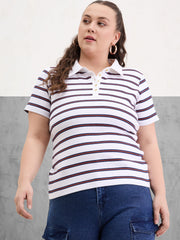 Women White & Navy Rib Stripe Polo Neck Top-SFTOPS42398