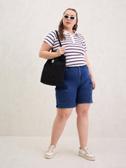 Women White & Navy Rib Stripe Polo Neck Top-SFTOPS42398