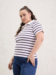 Women White & Navy Rib Stripe Polo Neck Top-SFTOPS42398