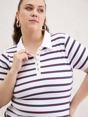 Women White & Navy Rib Stripe Polo Neck Top-SFTOPS42398