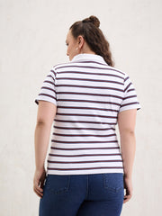 Women White & Navy Rib Stripe Polo Neck Top-SFTOPS42398