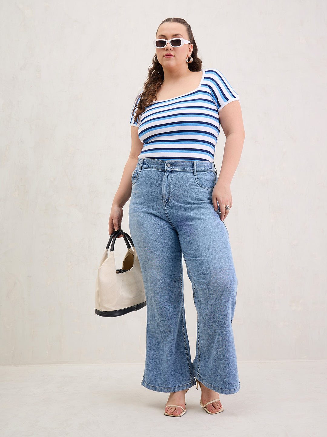 Women White & Blue Rib Stripe Square Neck Top-SFTOPS42399