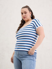 Women White & Blue Rib Stripe Square Neck Top-SFTOPS42399