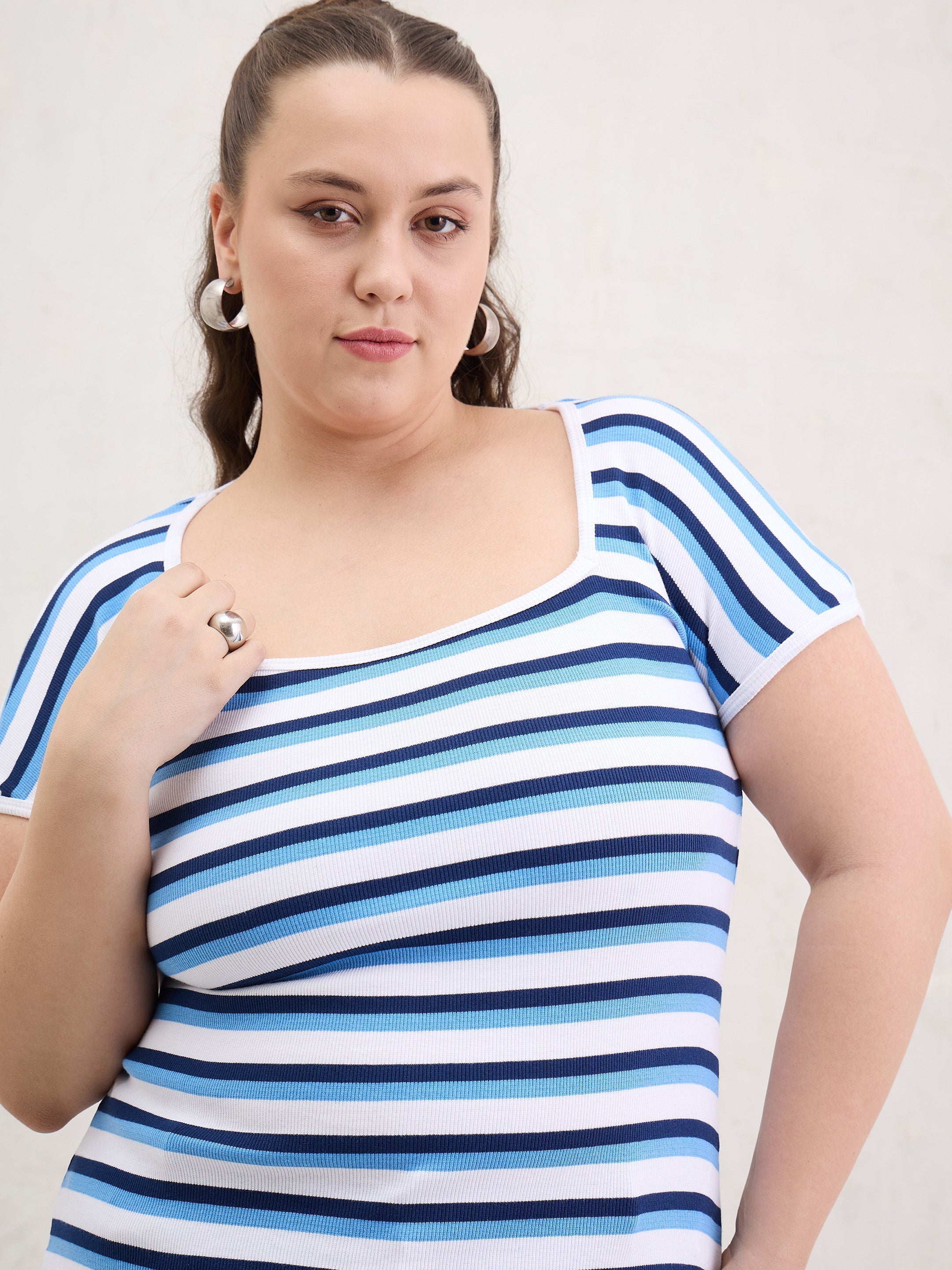 Women White & Blue Rib Stripe Square Neck Top-SFTOPS42399
