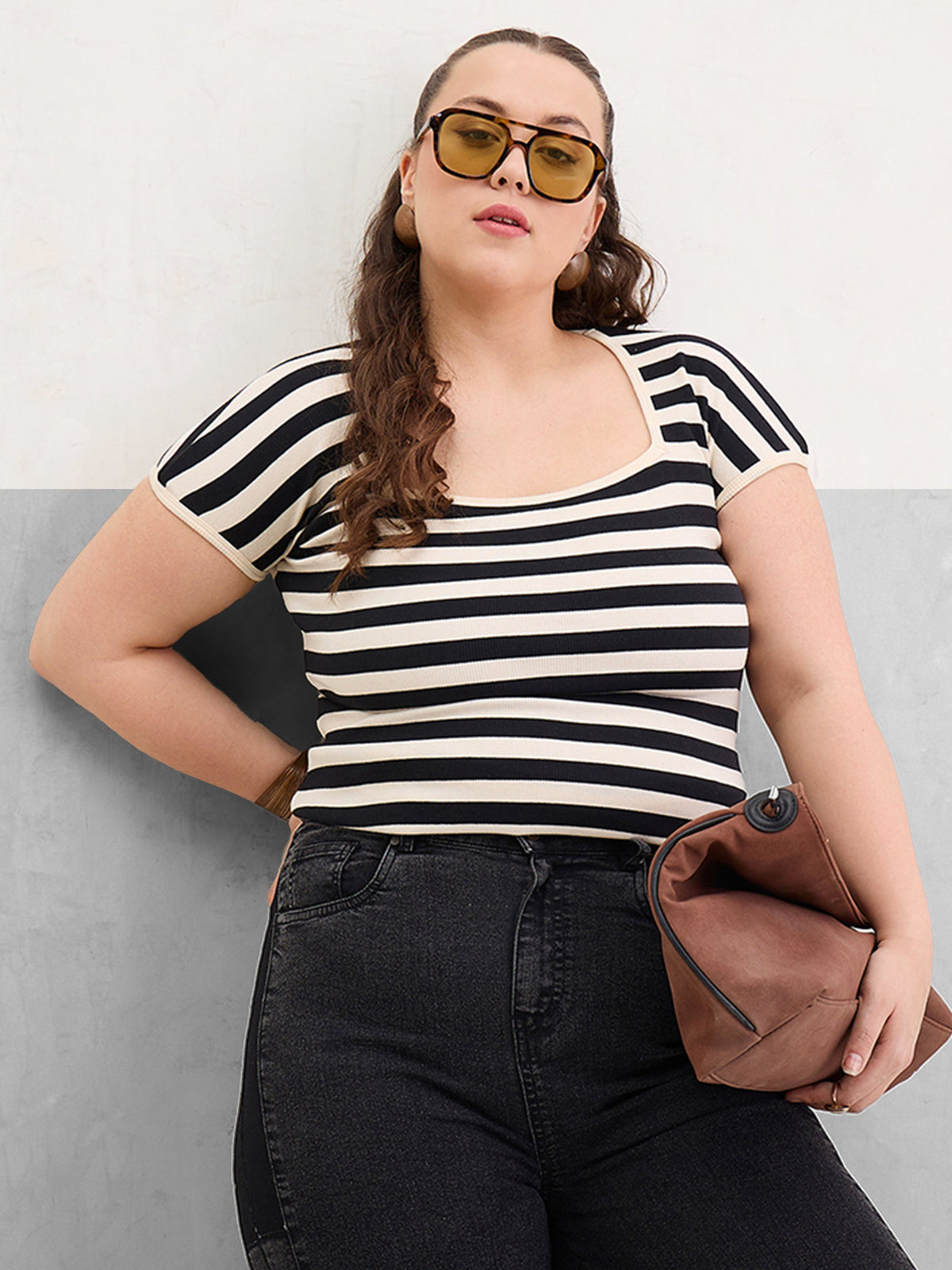 Women Black & Off White Rib Stripe Square Neck Top-SFTOPS42400