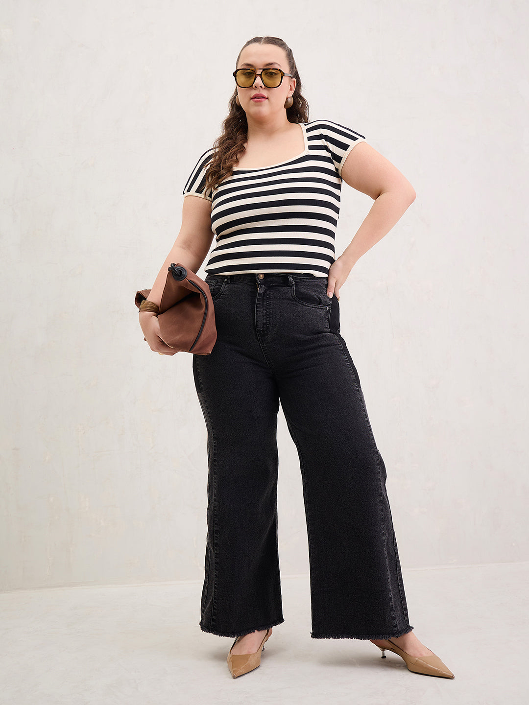 Women Black & Off White Rib Stripe Square Neck Top-SFTOPS42400