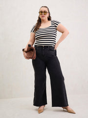 Women Black & Off White Rib Stripe Square Neck Top-SFTOPS42400