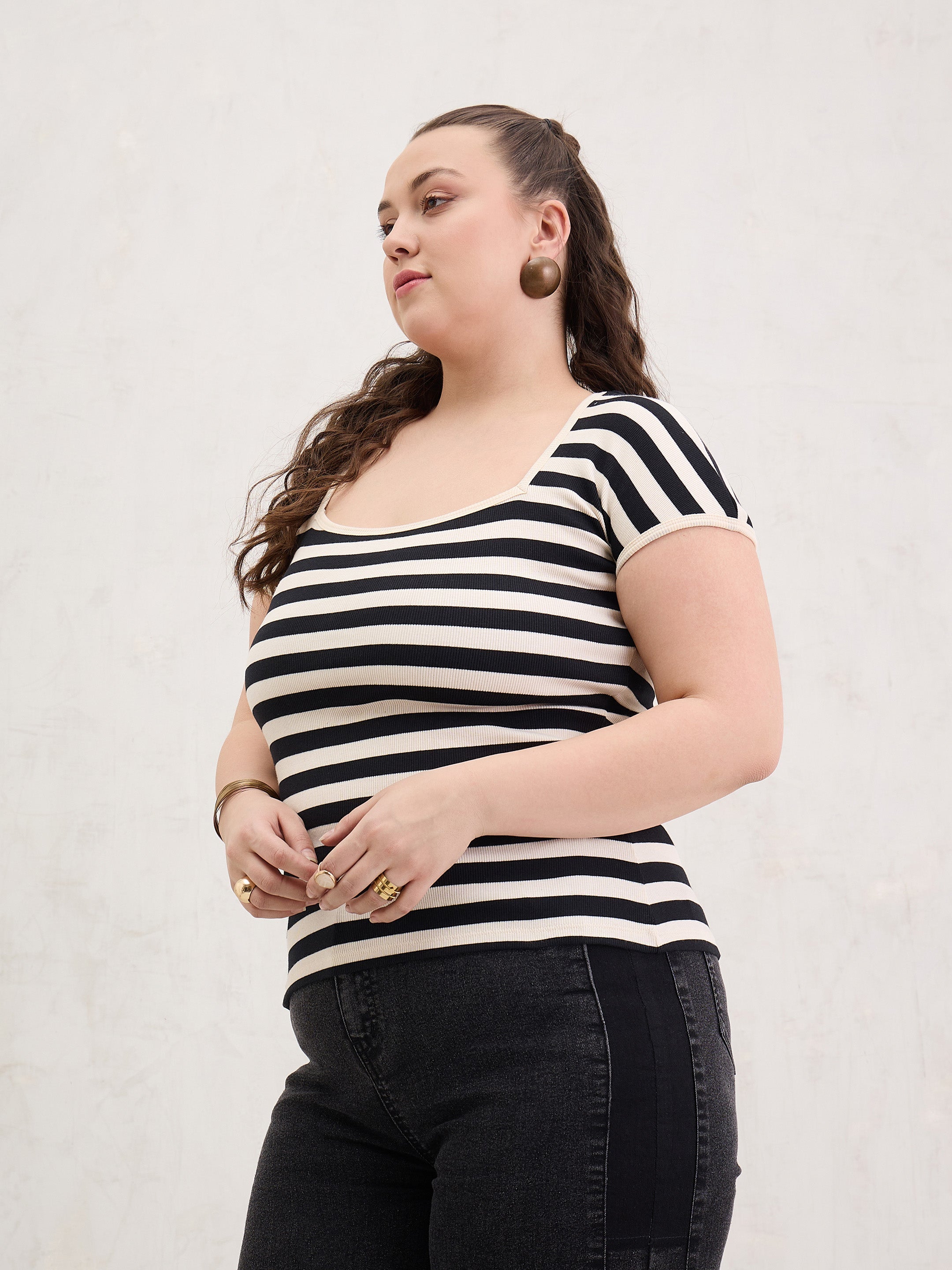Women Black & Off White Rib Stripe Square Neck Top-SFTOPS42400