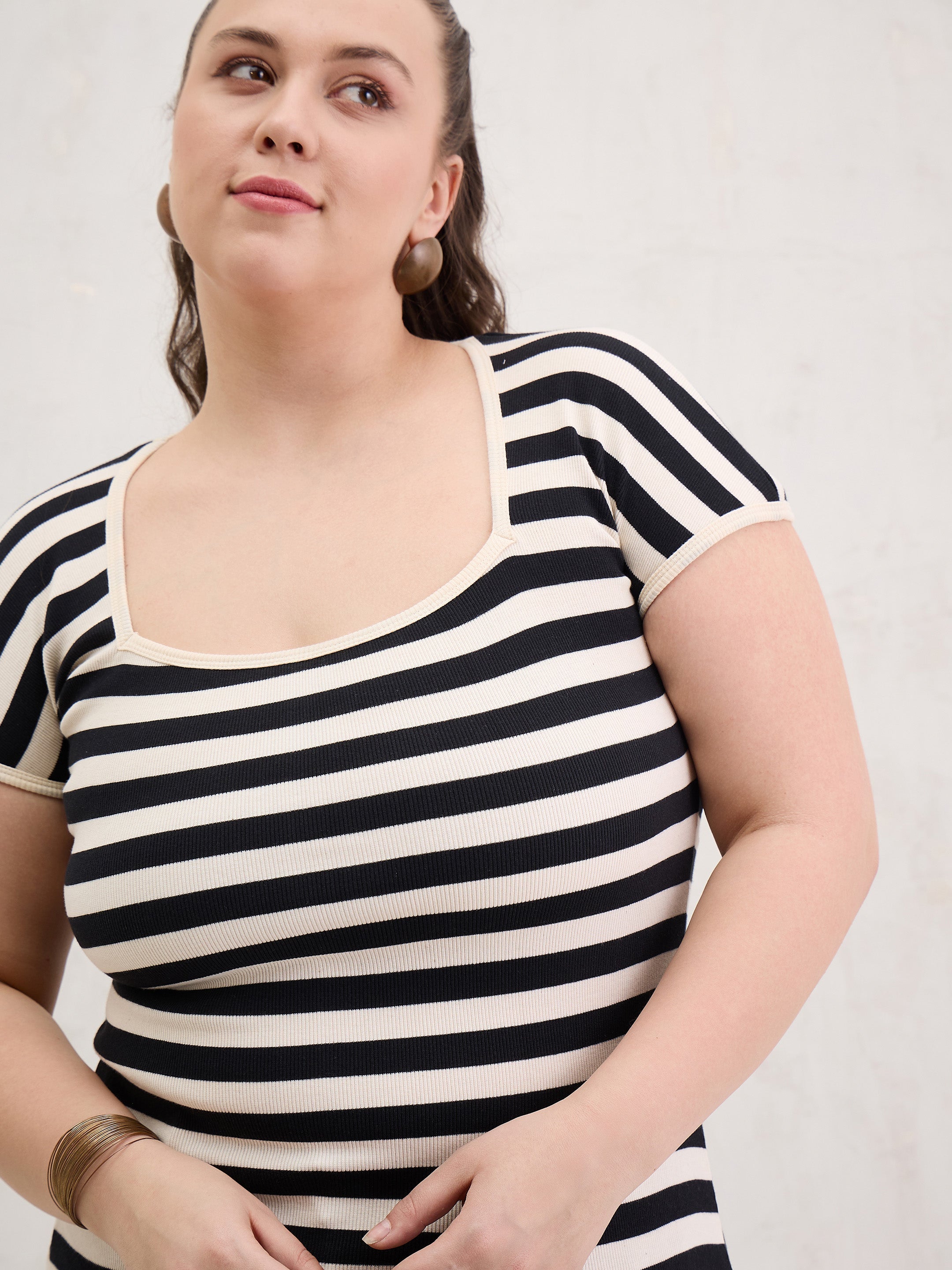 Women Black & Off White Rib Stripe Square Neck Top-SFTOPS42400