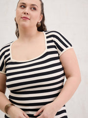 Women Black & Off White Rib Stripe Square Neck Top-SFTOPS42400