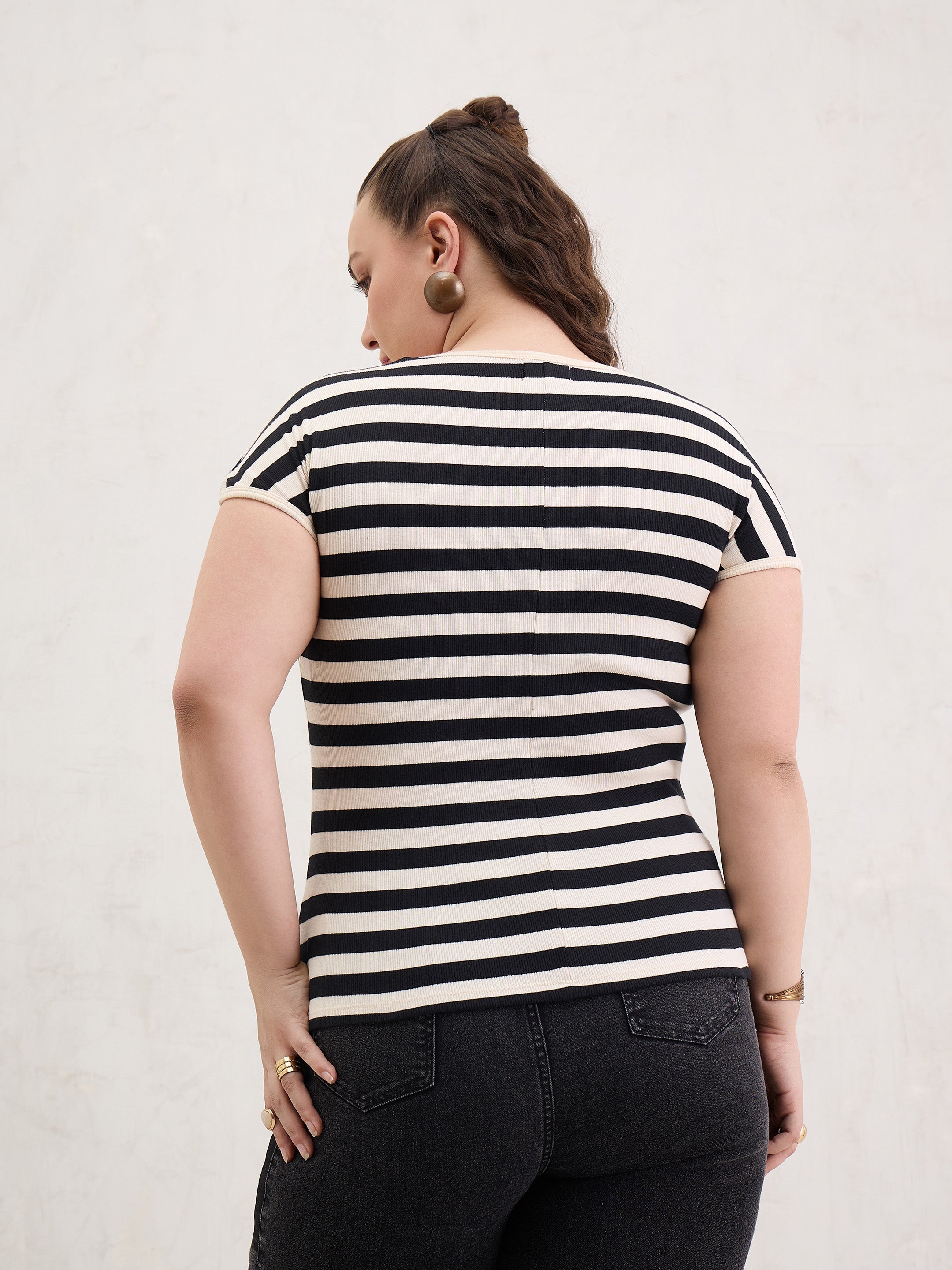 Women Black & Off White Rib Stripe Square Neck Top-SFTOPS42400