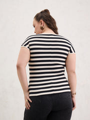 Women Black & Off White Rib Stripe Square Neck Top-SFTOPS42400