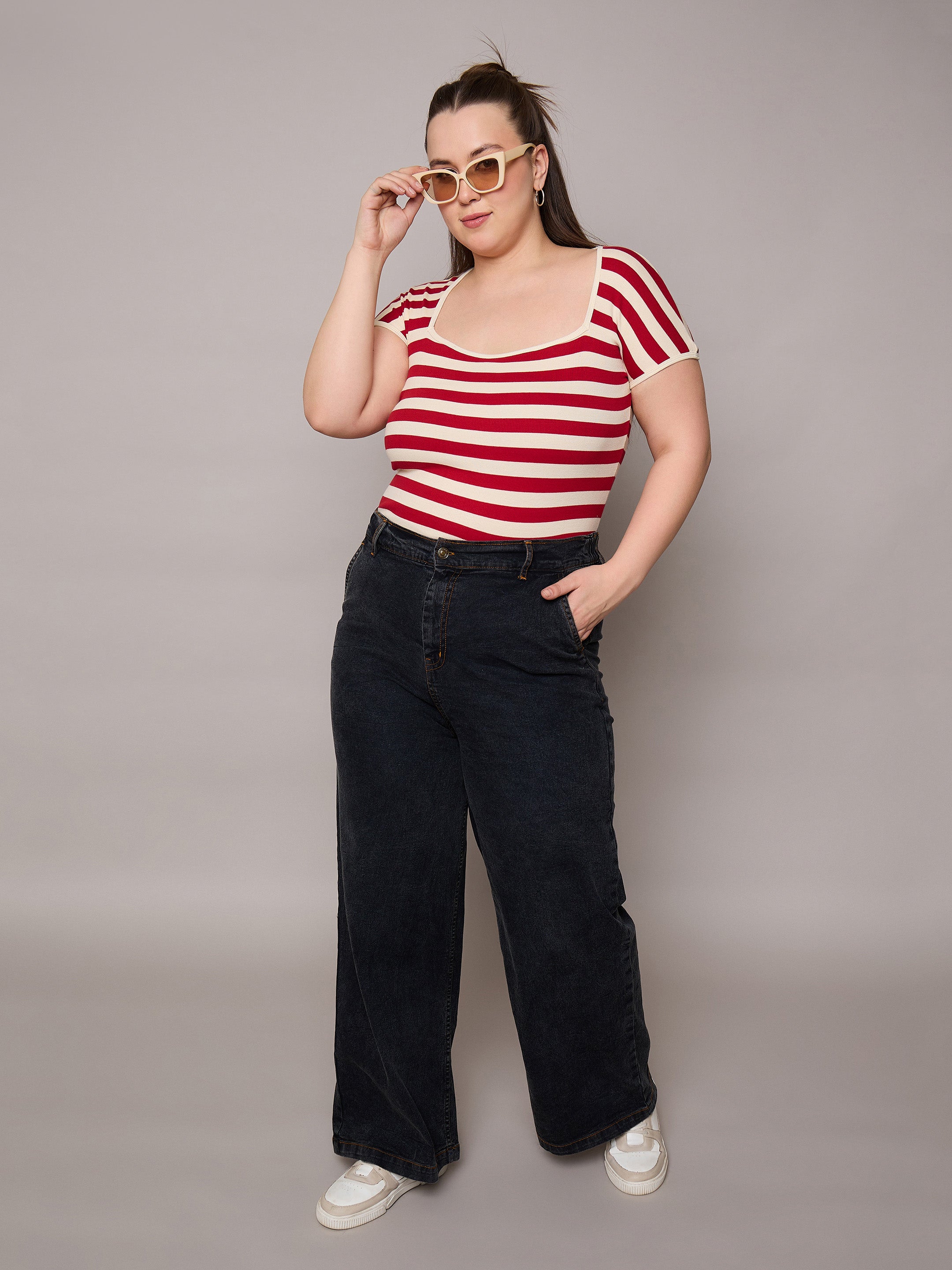 Women Red & Off White Rib Stripe Square Neck Top-SFTOPS42401