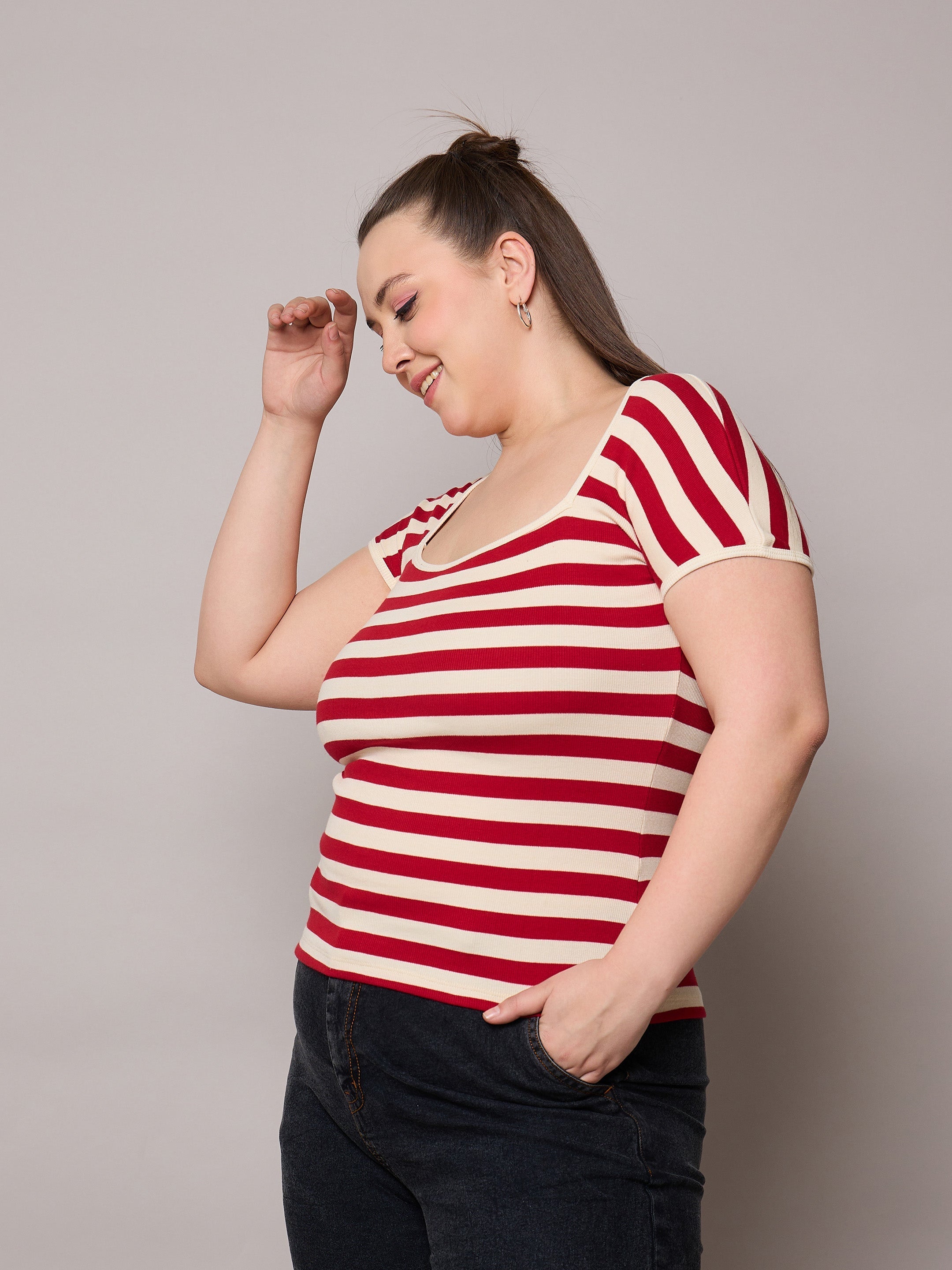 Women Red & Off White Rib Stripe Square Neck Top-SFTOPS42401