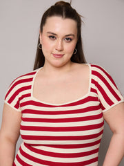 Women Red & Off White Rib Stripe Square Neck Top-SFTOPS42401