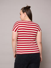 Women Red & Off White Rib Stripe Square Neck Top-SFTOPS42401