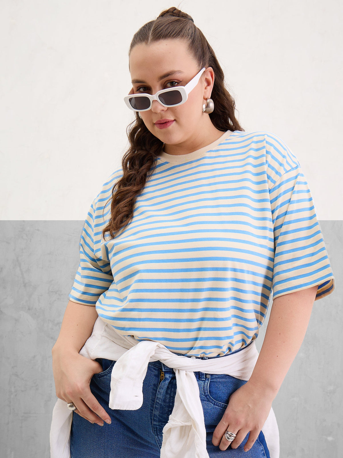 Women Blue & Off White Stripe Round Neck T-Shirt-SFTOPS42402